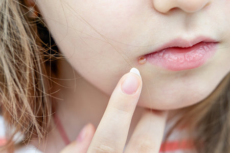 Close up photo of little girl lips affected by herpes. Treatment with ointment. Part of kid face...