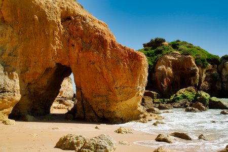 View of coast and cliffs in Albufeira, District Faro, Algarve, Southern Portugalの写真素材