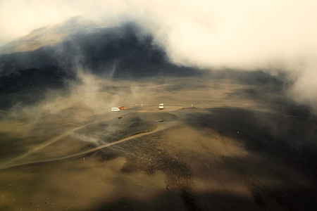 View of landscape on Mount Etna in Sicily, Italy on a cloudy summer dayの写真素材