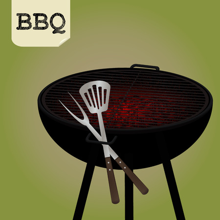 Big fork and spatula crossed on grillのイラスト素材