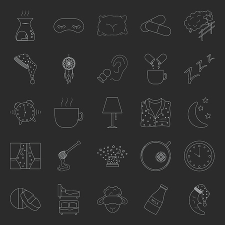 Set of thin line sleep and insomnia icon on dark backgroundのイラスト素材