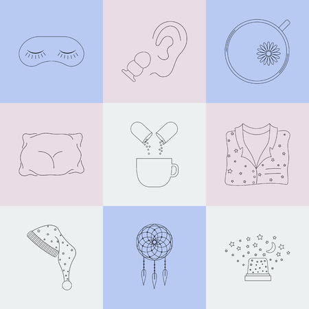 Set of thin line sleep and insomnia icon on colorful backgroundのイラスト素材