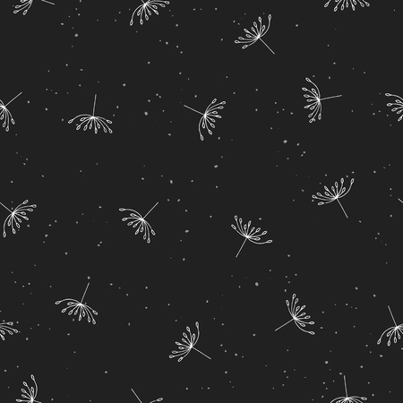 Dandelion seamless pattern. White hand drawn flying dandelion seeds on dark backgroundのイラスト素材