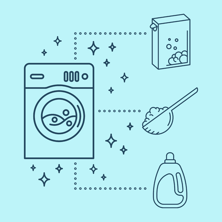 Laundry icons. Washing machine with washing powder, bleach or conditioner.のイラスト素材