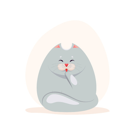 Vector illustration of cute fatty grey cat washing the pawのイラスト素材