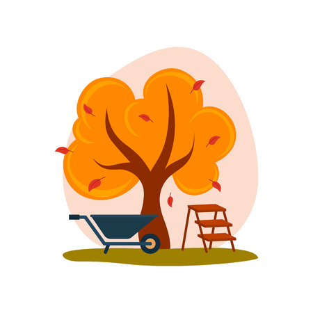 Autumn landscape. Yellow tree with falling leaves, stairs and cart.のイラスト素材