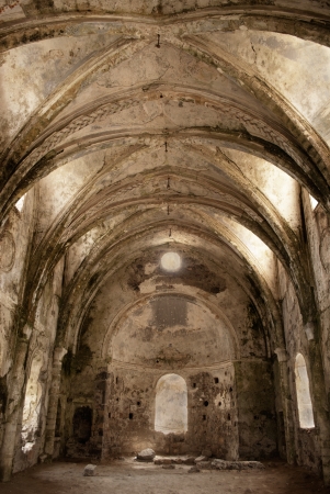 interior of ancient church in ruins in abandoned village Kayakoy, Turkeyの写真素材
