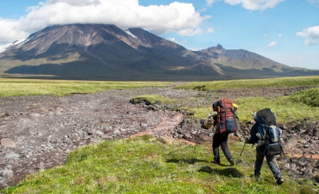 two hikers on kamchatkaの写真素材