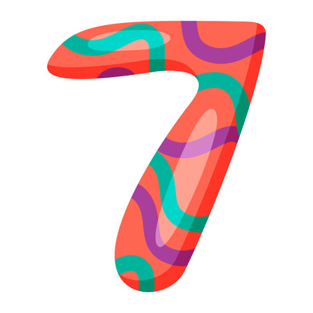 Number seven. Colored cartoon number 7 for kids. Greeting card template, colorful number for...