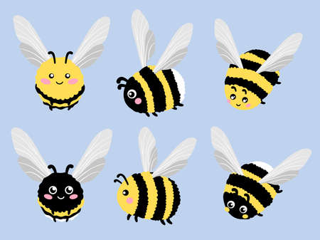 Set of cute cartoon bees and bumblebees. Vector illustrationのイラスト素材