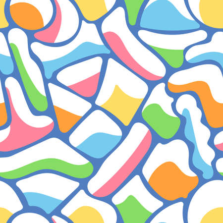 Seamless pattern of multicolored spots, abstract geometric shapes or blots. Colorful hand-drawn shapes in white snow. Bright winter Christmas background. Vector illustration.のイラスト素材