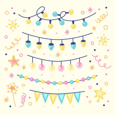 Set of colorful light garlands, flags, stars and tinsel. Glowing multi-colored light bulbs for festive decoration. Vector illustration.のイラスト素材
