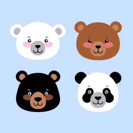 Charming bears: white, brown, black, panda. Set of cute animals portraits in flat style. Vector illustration.のイラスト素材