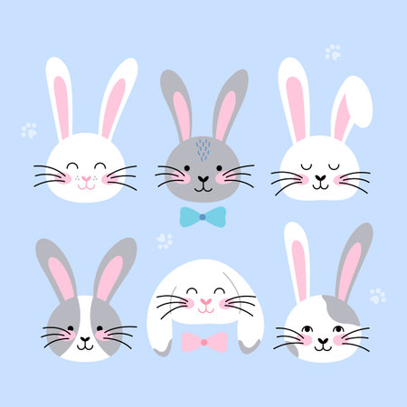 Cute rabbits. Set of portraits of white and gray hares in a flat style. Vector illustration.のイラスト素材