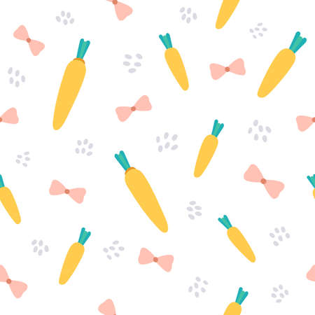 Cute seamless pattern of carrots and bows in pastel colors. Vector illustration in a flat style.のイラスト素材