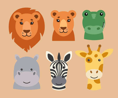 Cute African animals. Set of portraits of predators and herbivores savanna: lion, lioness, crocodile or alligator, hippopotamus, zebra and giraffe. Vector illustration in a flat style.のイラスト素材