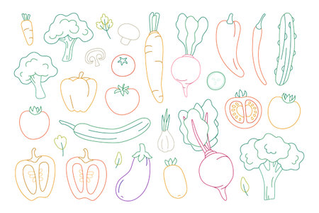 Set of vegetables. Fresh organic food drawn with contour lines on a white background. Vector...