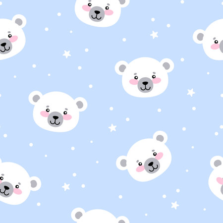 Seamless pattern of cute bears. Cartoon polar bears and stars on a blue background. Vector illustration.のイラスト素材