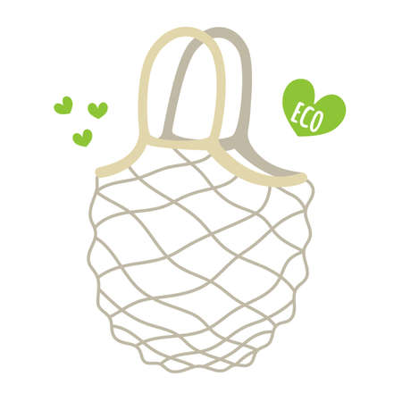 Eco shopping bag. Textile open mesh bag for products. Ecological concept without plastic, lifestyle without waste. Vector illustration.のイラスト素材