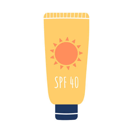 Tube of sunscreen SPF 40. Moisturizing face and body lotion with high skin protection against UV rays, uva, uvb. Sunscreen protection and sun safety. Vector illustration in flat styleのイラスト素材