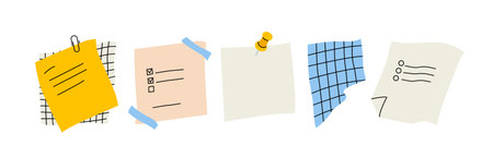 Paper notes. Various pieces of paper on stickers, sticky tape, button and paperclip. Blank templates, sheet for notes, to do list, reminders. Torn sheets of paper,checkered sheets. Vector illustrationのイラスト素材