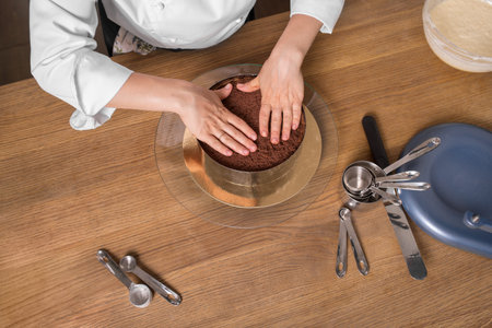 chocolate cake preparing on wooden kitchen table with kitchenware, top view