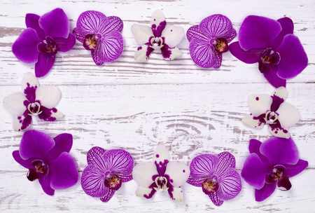 Purple orchid flowers on white wooden table, top viewの写真素材