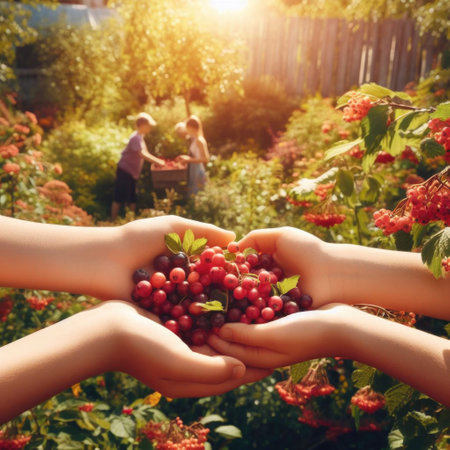 Hands of mother and child holding berries in gardenの素材
