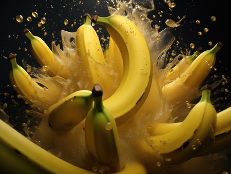 Bunch of bananas falling into juice with splashes on black backgroundの素材