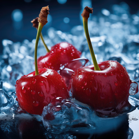 Red cherries with ice cubes on blue backgroundの素材