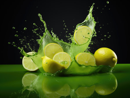 Fresh lemon and juice splash on black backgroundの素材