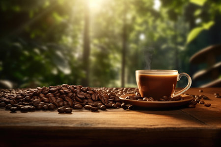 Coffee cup and coffee beans on wooden table. Warm morning dawn sun light commercial with bokeh backgroundの素材