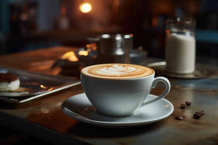 Cappuccino coffee cup on wooden table in cafe, commercial with bokeh backgroundの素材