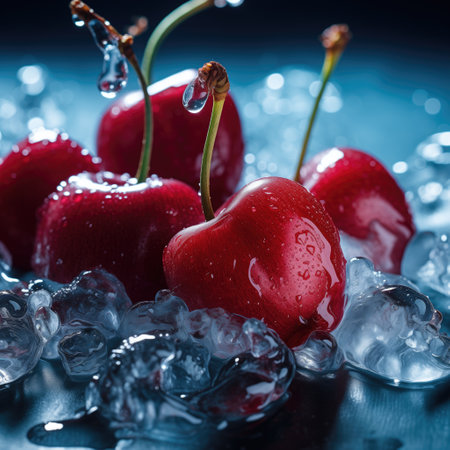 Red cherries with ice cubes on blue backgroundの素材