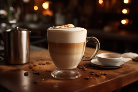 cappuccino latte coffee cup and coffee beans on wooden table in cafe commercial with bokeh backgroundの素材