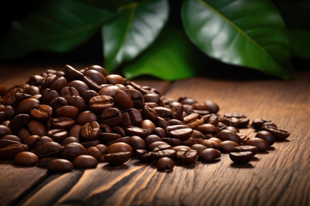 Coffee beans on a wooden table with green leaves background, commercial advertising shoot, closeup.の素材