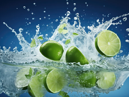 Fresh lime and juice splash on black backgroundの素材