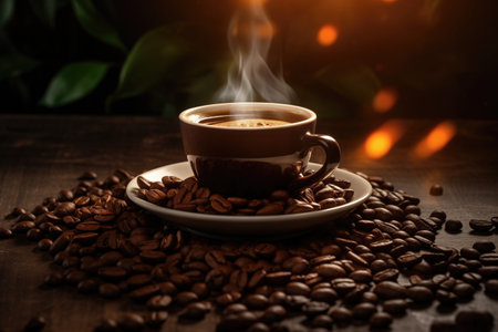Coffee cup and coffee beans on wooden table. Warm morning dawn sun light commercial with bokeh backgroundの素材