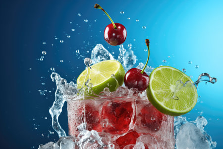Cherries and lime in water splash with ice cubes on blue backgroundの素材