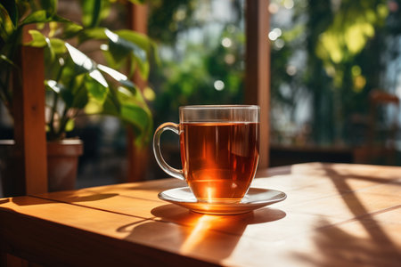 Cup of tea on the wooden table in cafe. warm morning dawn sun lightの素材