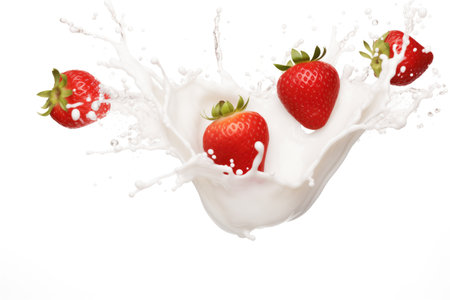 Milk yogurt splash with strawberry on white background commercialの素材
