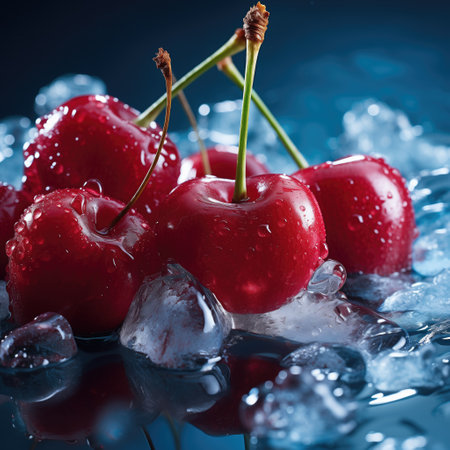 Red cherries with ice cubes on blue backgroundの素材