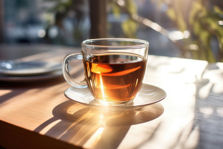 Cup of tea on the wooden table in cafe. warm morning dawn sun lightの素材