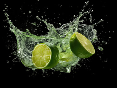 Fresh lime and juice splash on black backgroundの素材