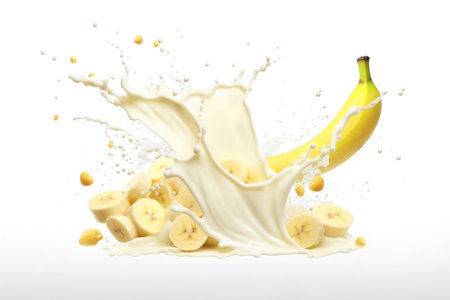 Milk yogurt splash with banana on white background commercialの素材