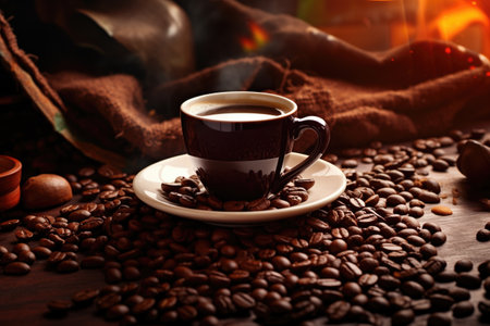 Coffee cup and coffee beans on wooden table. Warm morning dawn sun light commercial with bokeh backgroundの素材
