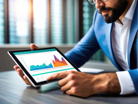 business, technology, internet and people concept - close up of businessman with charts on tablet pc computer screen in officeの素材