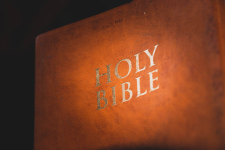 A closeup shot of an old book with the word HOLY