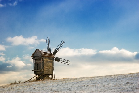 Old wooden windmills at Pirogovo ethnographic museum, near Kiev, Ukraine の写真素材