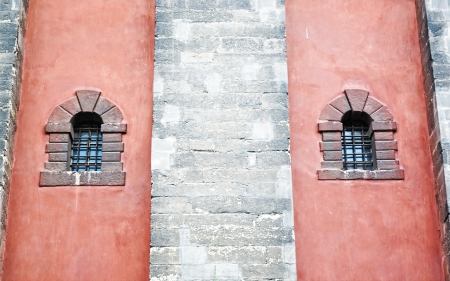 old windows with old lattice  on the wallの写真素材